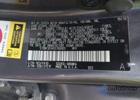 2013 Toyota Highlander Base Plus V6 из США, поврежденный, VIN 5TDBK3EH4DS189905